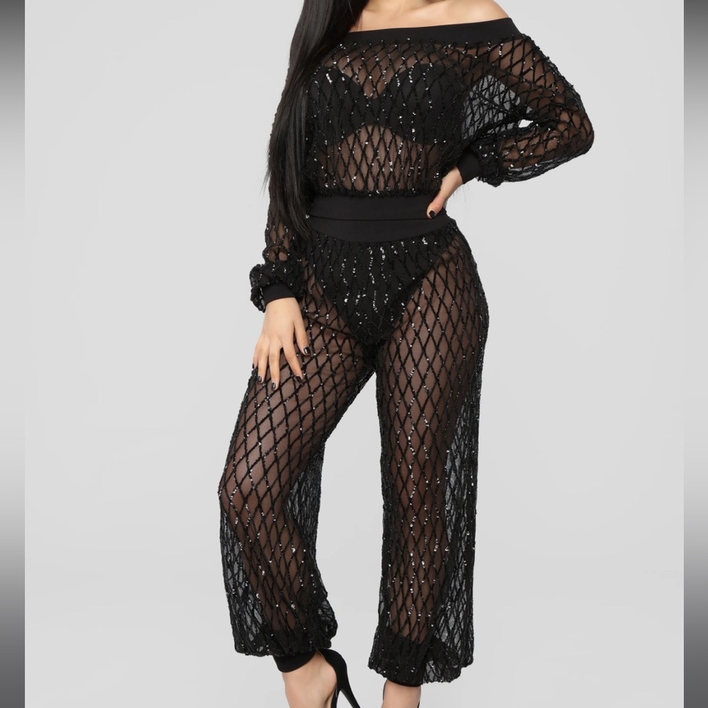 Sequin Black Mesh Pants Set